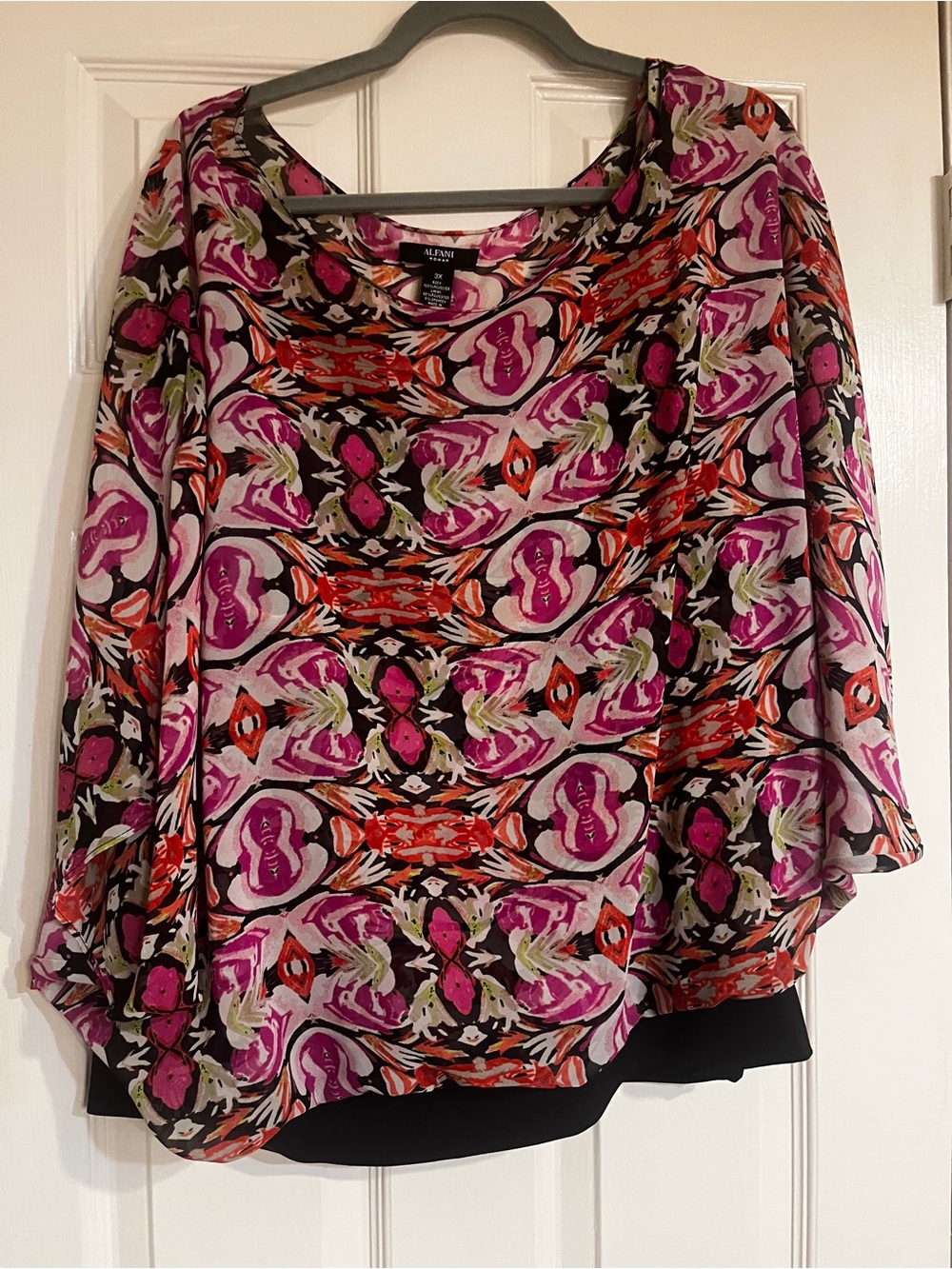 Alfani Woman Multicolor Abstract Floral Top - Pink, Black & Orange Accents